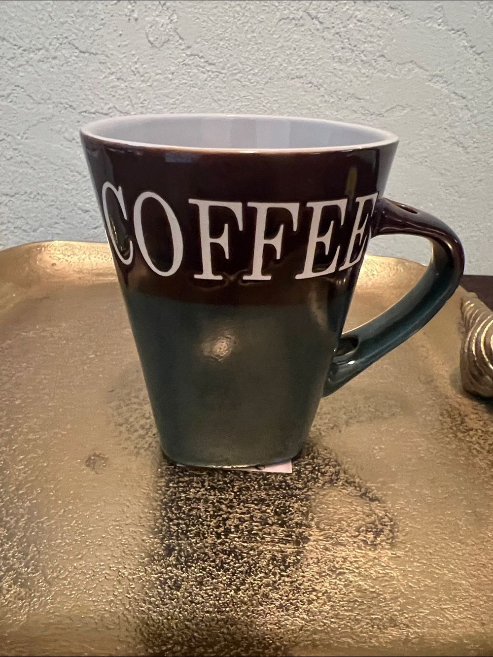 #2007**COFFEE Hunter Green Ceramic Mug in Brown and Teal